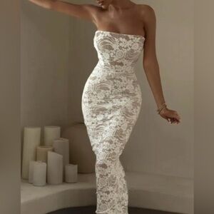 Jluxlabel UNDER THE STARS Elegant White Lace Overlay Strapless Dress